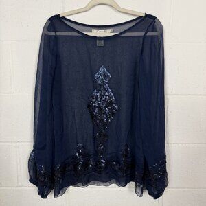 Studio M Long Sleeve Top Blue Sheer Sequins Whimsigoth Dark Fairy Glam‎ Bling S